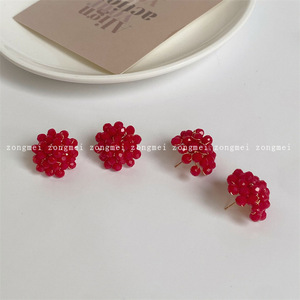 一颗小树莓/复古红锥圆形串珠浆果个性耳环水晶手工编织工厂直供