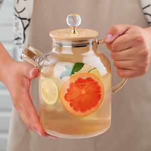 冷水壶玻璃凉水壶冰箱大容量玻璃珠竹盖家用果汁饮料两用茶壶1557