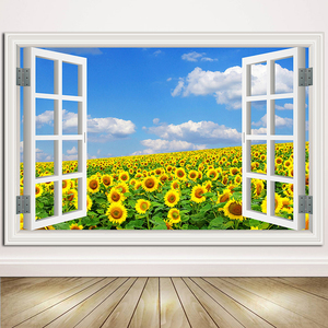 3D立体墙贴纸假窗户向日葵太阳花卉客厅卧室自粘壁纸墙纸装饰贴画