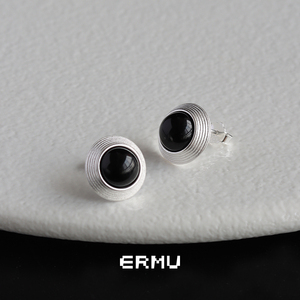 ERMU二木 复古圆形黑玛瑙耳钉S925纯银韩版小众设计耳环质感耳饰