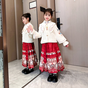 女童秋冬装马面裙套装2023新款唐装中国风儿童拜年服加绒加厚汉服
