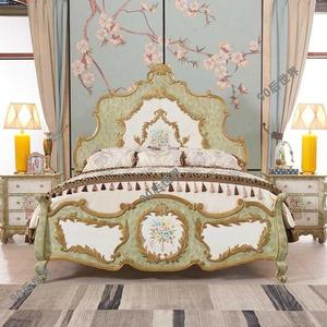 美式彩绘双人床地中海家具田园风格雕花高箱床手绘复古欧式实木床