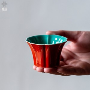故宫红花瓣茶杯松石绿家用主人杯陶瓷品茗杯功夫茶具复古中式单杯