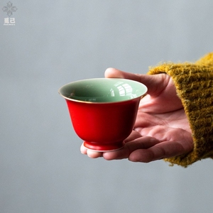 觅己手工珊瑚红青瓷茶杯主人杯中式复古描金个人专用陶瓷品茗单杯