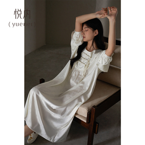 悦内睡裙女睡衣夏季冰丝绸长袖春秋款丝绸白色新中式中国风高级感
