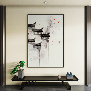 新中式装饰画客厅玄关沙发背景墙壁画抽象建筑走廊竖版办公室挂画