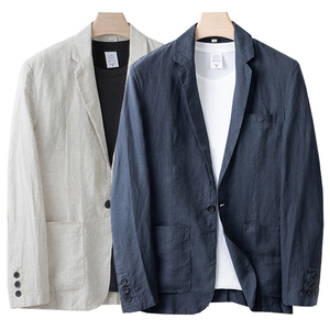 日本进口无印春季男士纯亚麻西装外套透气宽松单粒扣商务小西服