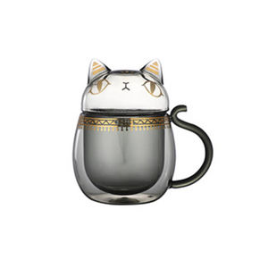 大英博物馆双层玻璃杯水杯子盖亚安德森猫系列萌猫异形带盖玻璃杯