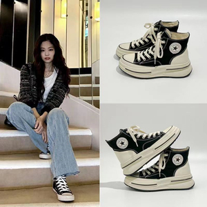 奥特莱斯blackpink金智妮同款jennie帆布鞋厚底高帮板鞋小白鞋