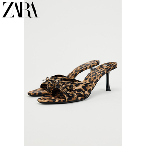 ZARA2024新款女鞋豹纹印花高跟鞋女夏季露趾凉鞋细跟半拖鞋仙女风
