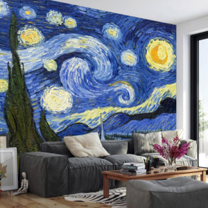 3D梵高主题星空油画壁纸创意客厅沙发艺术壁画电视背景墙墙纸杏花