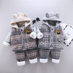 婴儿秋冬装三件套装加绒加厚洋气宝宝衣服0一1-2-3岁男童女童外套