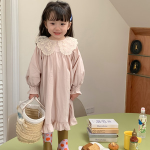 韩国2023春装新品宝宝连衣裙小女孩洋气蕾丝娃娃领公主裙儿童长裙