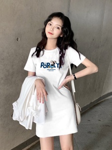 韩版时尚纯棉T恤睡裙连衣裙女夏季印花可外穿修身短袖中长款睡衣