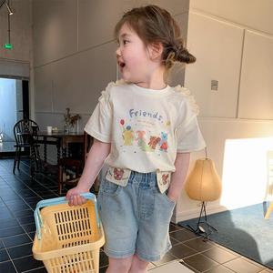韩系女童夏装套装2024新款洋气网红炸街女宝宝短袖T恤牛仔短裤二