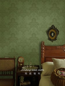 美式复古花纹卧室墙纸法式轻奢绿色客厅沙发酒店背景墙布无纺壁纸