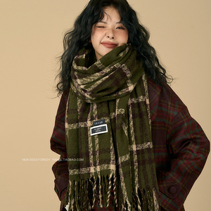 复古新年绿色格子围巾女冬季高级感韩版学生仿羊绒格纹保暖围脖男