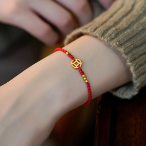 御龙镜珠宝旗舰店天猫999足金福牌手链黄金小金珠红绳3d硬金转运珠