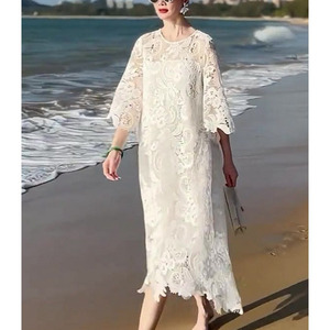 森子欧货2024夏季法式海边度假小众设计宽松白色蕾丝打底连衣裙女