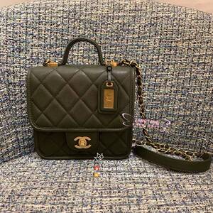 法国正品22k新款 chanel香奈儿包包 军绿色皮穿链条 复古金双c 邮