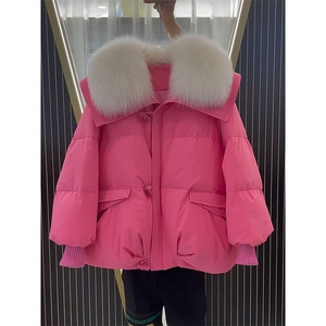 不晚冬季小香风韩系高级感面包服小个子玫粉色大毛领羽绒棉服外套