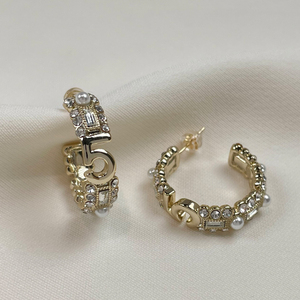 2024新款中古香风字母5耳环C形珍珠镶钻耳圈轻奢气质高级感耳饰品