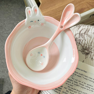 可爱卡通兔子碗碟餐具家用釉下彩高颜值陶瓷五英寸吃饭的碗盘套装