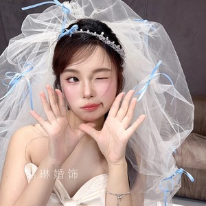 新款韩式新娘蝴蝶结头登记领证纱森系超仙蓬蓬发梳小众设计感头饰