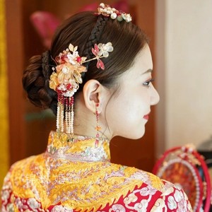 中式古风秀禾服头饰结婚新娘复古头饰水晶花朵宫廷婚纱照摄影配饰