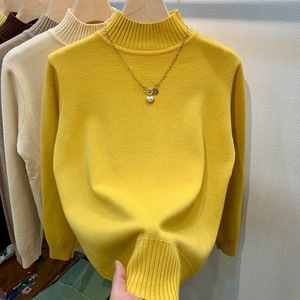 黄色毛衣半高领针织打底衫女秋冬季2023新款百搭套头厚款内搭上衣