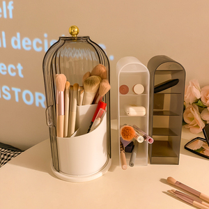 化妆品收纳盒高级感带盖可旋转防尘口红眉笔刷子整理筒桌面置物架