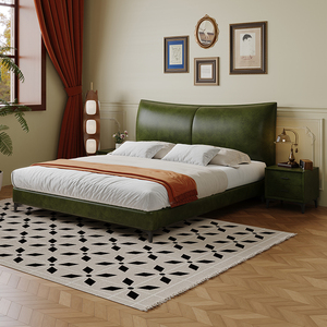 复古风绿色油蜡皮床现代简约主次卧软包轻奢皮艺床1.8米1.5米婚床