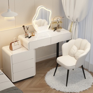 奶油风实木岩板梳妆台现代简约化妆台斗柜一体卧室可移动白化妆桌