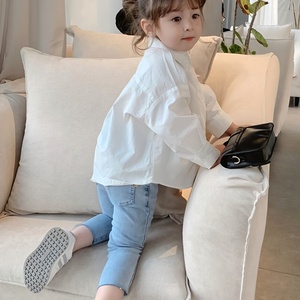 2024女童装春装新款白色字母韩版长袖衬衫宝宝洋气小孩衬衣上衣潮