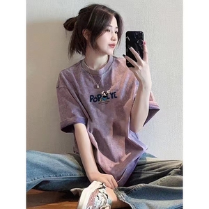 专柜商场大牌高端爆款夏季韩国女装紫色下衣失踪短袖T恤纯棉上衣