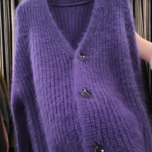 欧货高级感超好看紫色V领毛衣外套女薄款春秋新款毛绒绒保暖上衣