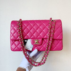 二手chanel 香奈儿cf中号 玫红色 金扣链条包 单肩斜挎包附身份卡