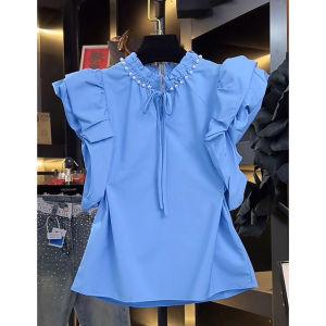 买手店小清晰蓝色小飞袖衬衫女2024夏季新款韩版修身洋气百搭上衣