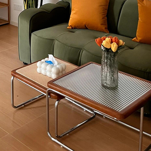 日式实木藤编长虹玻璃方形茶几组合小户型客厅家用沙发床头边几