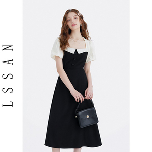 梨十三LSSAN法式显瘦气质连衣裙夏季女黑色长裙港味复古chic裙子