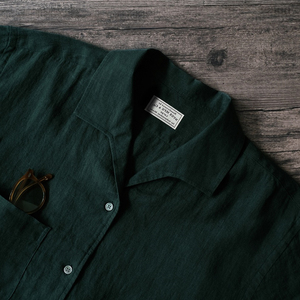 NVGS 1950s IC Shirt 墨绿色亚麻意大利领短袖翻领衬衫复古简约