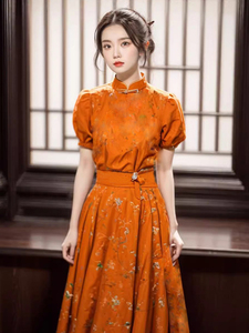 新中式女装橙色印花改良旗袍连衣裙夏季新款复古国风别致独特裙子