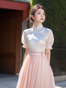新中式女装粉色假两件花苞袖国风连衣裙春季新款汉元素轻汉服日常