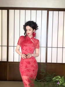 酒午自制【半盏青】新中式短袖网纱改良旗袍碎花修身连衣裙女春夏