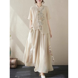 大码棉麻新中式国风套装女士刺绣短袖衬衫夏季垂感阔腿裤裙薄