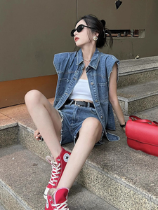 牛仔套装女夏季垫肩无袖上衣韩版中长款马甲外套+个性短裤两件套