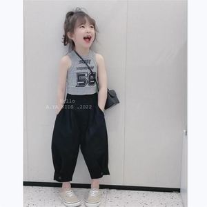 巴拉巴柆女童背心套装2024新款儿童休闲西装九分裤中大童韩版运动