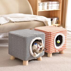 实木猫窝凳子储物人猫共用猫咪用品小幼猫屋房子四季保暖猫狗帐篷