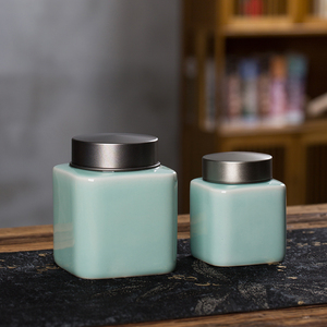 金属盖茶罐便携密封罐存罐家用青瓷茶叶罐方形陶瓷罐防潮礼盒包装