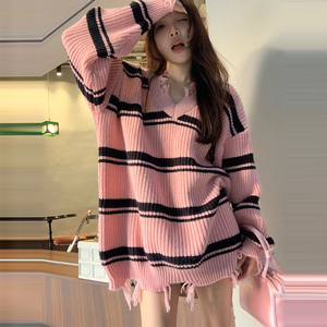 粉色条纹流苏设计感v领毛衣针织衫女韩版chic简约中长款上衣遮臀